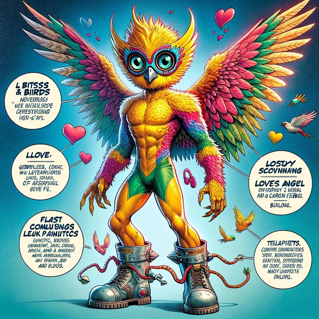 Bunte Eule als Superheld mit Sprechblasen, Motiv aus der Kampagne für bits&birds